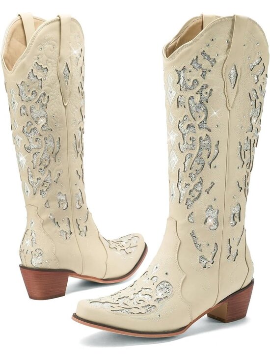 Shoes - Women's White Mid Calf Cowgirl Boot Rhinestone Comfortable Chunky Heel Western